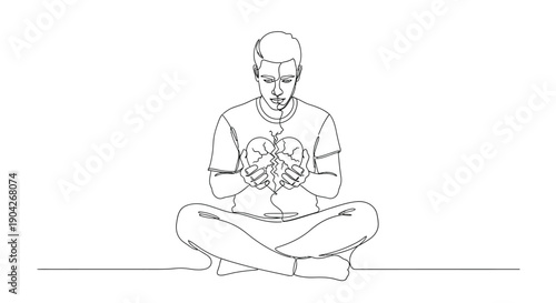 Solitary figure meditating while carefully holding two pieces of a shattered heart symbolizing emotional trauma and necessary personal recovery work