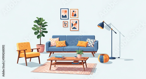 Modern living room interior with blue sofa and yellow armchair.