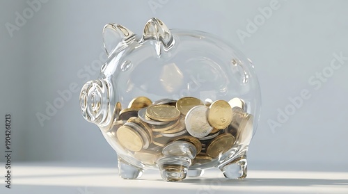 Glass piggy bank filled with gold and silver coins on white surface