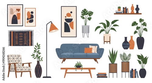 Modern living room interior design elements collection.