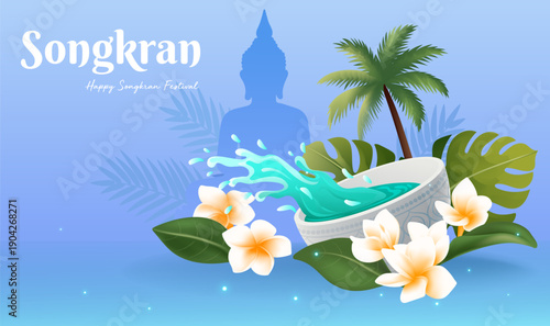 Songkran Festival Thailand Water Festival Buddha tropical plant background