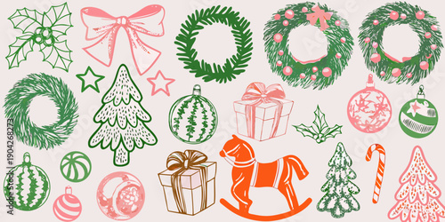 Festive christmas illustrations wreaths ornaments gifts and seasonal decor