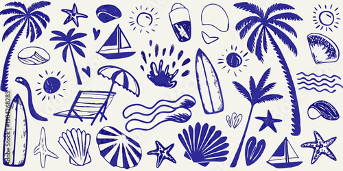 Blue and white summer doodles featuring tropical and beach elements
