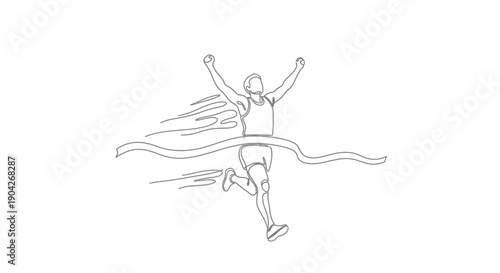 Minimalist continuous line drawing depicts a triumphant marathon runner breaking the finish line ribbon with arms raised in victory.