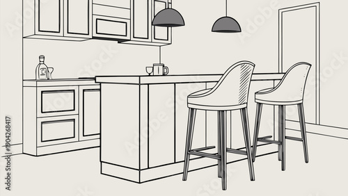 Modern kitchen counter with two bar stools and coffee mugs