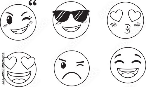 Set of cute emoji line icons with various expressions, including heart eyes, cool sunglasses, winking, and laughing faces, minimalist vector emoticons