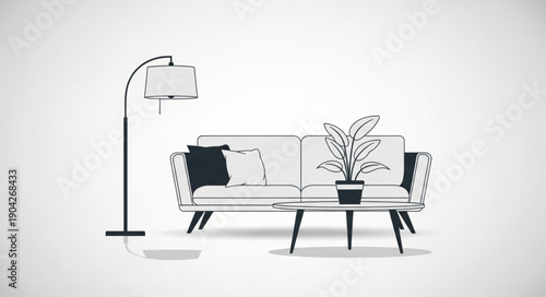 Modern Living Room Furniture Sketch with Floor Lamp and Coffee Table.