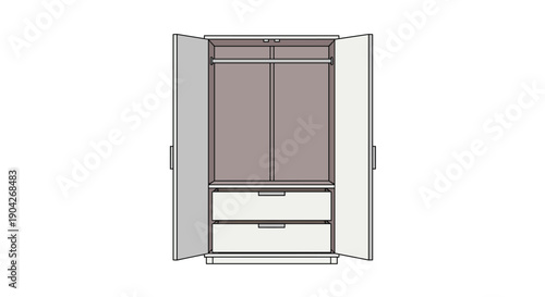 Open Double Door White Wardrobe with Empty Interior Rail and Two Lower Drawers. Modern Bedroom Closet Storage Unit for Organized Home Organization and Dressing.