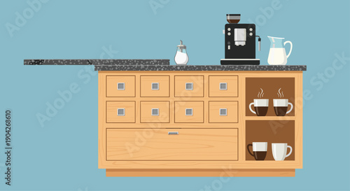 Modern Wooden Coffee Station Cabinet with Integrated Mug Shelves and Professional Espresso Machine. Stylish Kitchen Storage Unit for Daily Home Caffeine Lovers.