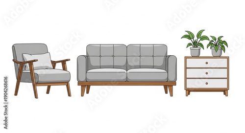 Modern Living Room Furniture Set With Armchair Sofa and Cabinet.