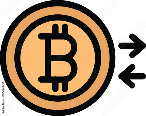 Minimal crypto finance icon showing Bitcoin with arrows indicating transfer, exchange, and payment movement