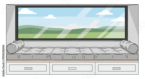Cozy Window Seat with Gray Cushions and Storage Drawers Overlooking Green Landscape. Scenic Interior Nook for Relaxation and Reading in a Modern Family Home.