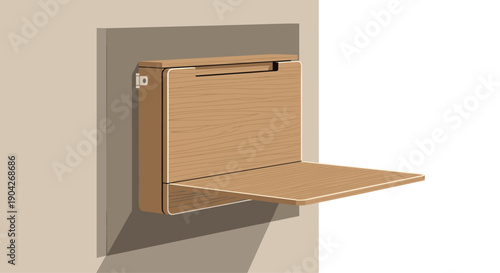 Space-Saving Wall Mounted Folding Desk in Light Wood Finish. Compact Murphy Desk for Small Home Office Workspaces and Interior Organization in Tiny Apartments.
