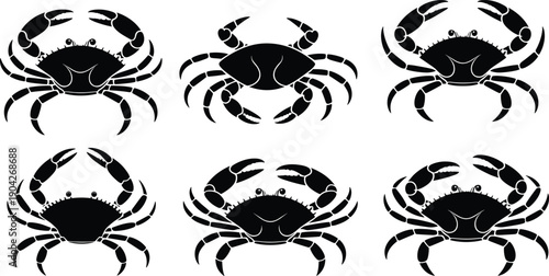 Black crab silhouettes collection showing different poses, marine animal vector set for seafood design, ocean wildlife icons, fishing industry graphics and coastal illustration projects