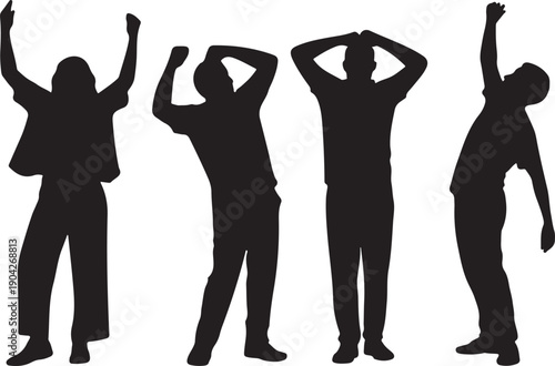 ector; silhouette of a group of peoplr standing and fist up Vector; silhouette of a group of men standing and fist up
