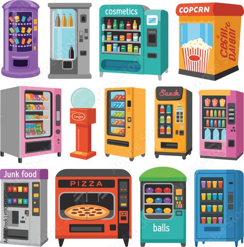Colorful vending machine collection with snacks, drinks, cosmetics, popcorn and pizza, flat vector illustration set for retail concepts, arcade design, food service and marketing graphics