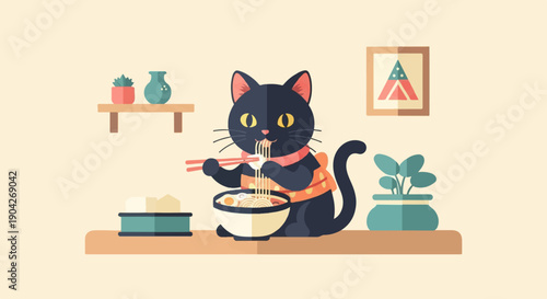 A black cat enjoys a bowl of noodles with chopsticks