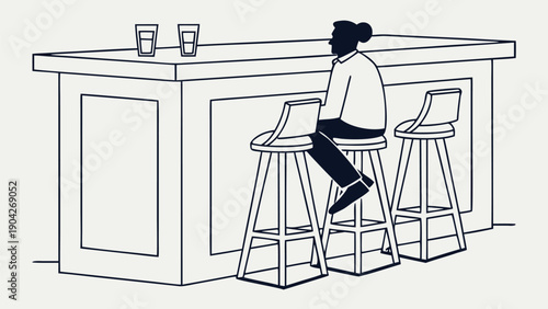 Woman sitting alone at a modern bar with glasses