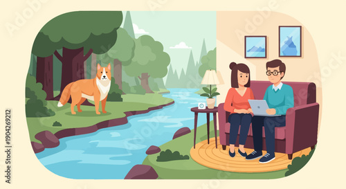 A dog in nature while a couple relax inside on a couch with a laptop