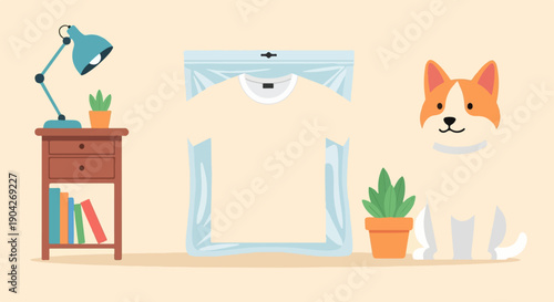 A cute dog sits next to a desk with a lamp, books, and a shirt in packaging