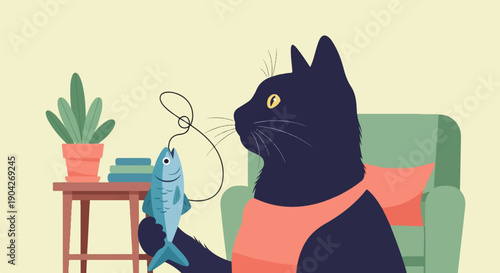 A black cat wearing a coral bib sits in a green chair playing with a toy fish