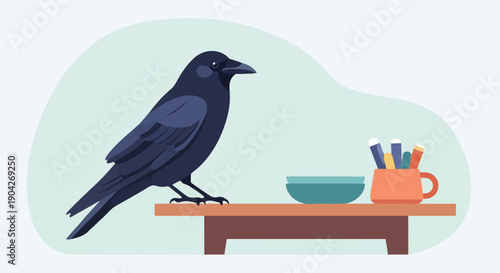 A black crow sits on a table with writing utensils and a bowl