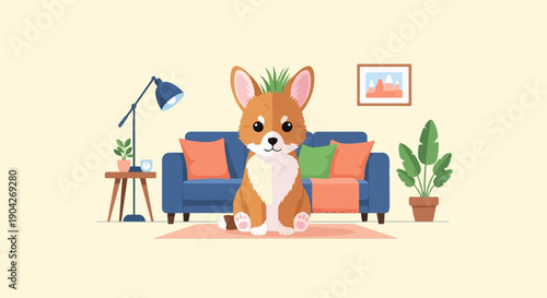 A cute dog sits on a rug in a cozy living room with a sofa
