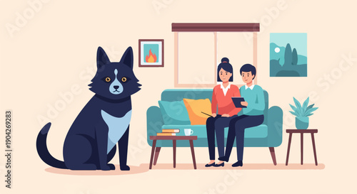 A black dog sits in a room with a couple on a sofa