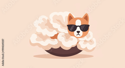 A cute dog wearing sunglasses sits in a bowl of popcorn