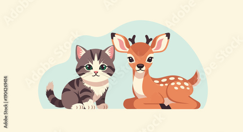 A cute kitten and fawn sit side by side against a soft blue background