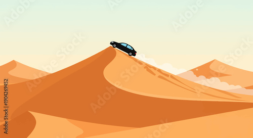 A black sedan drives down a sandy desert dune under a pale sky