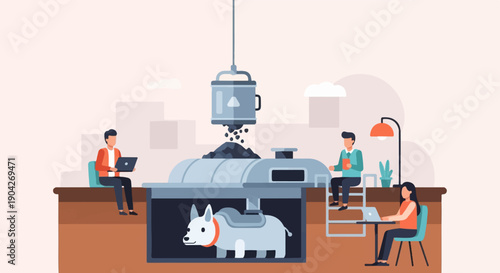 A dog is inside a tank while people work around it with laptops