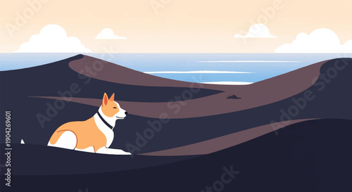 A dog rests on a dune overlooking a calm ocean under a cloudy sky