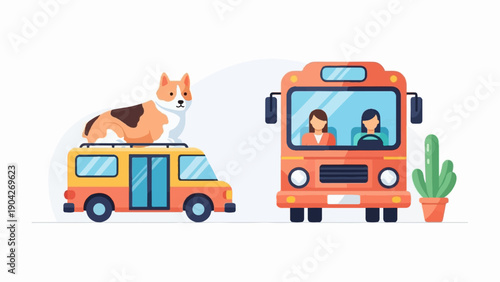 A dog rides on top of a van next to a bus with people driving