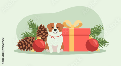 A dog sits beside a festive gift box with pinecones and ornaments