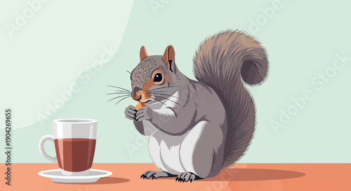 A cute squirrel nibbles on a snack beside a steaming cup of coffee