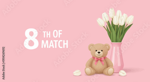 A cute teddy bear sits next to a pink vase of white tulips on a pink background