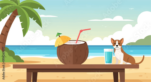 A dog sits beside a tropical drink and a coconut on a table by the sea