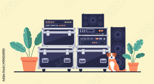 A dog sits near sound equipment and potted plants against a light background