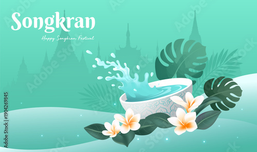 Thailand Songkran Festival Traditional Buildings Water Theme Illustration