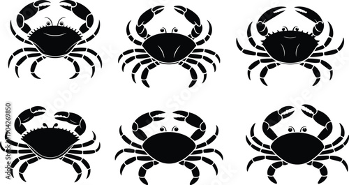 Cute black crab silhouettes collection with cartoon style marine animals, flat vector icon set for seafood branding, kids design, ocean wildlife graphics and coastal illustration projects