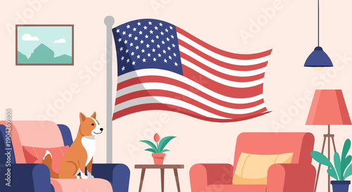 A dog sits on a chair next to a flag in a living room