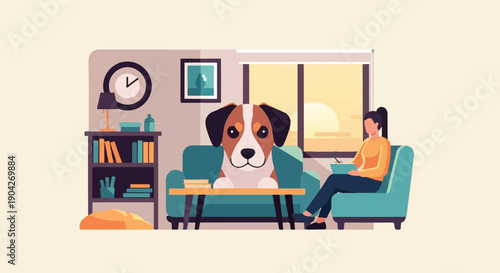 A dog sits on a couch while a woman works in a sunlit room