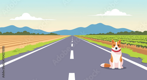 A dog sits patiently on a straight, empty road stretching towards distant mountains