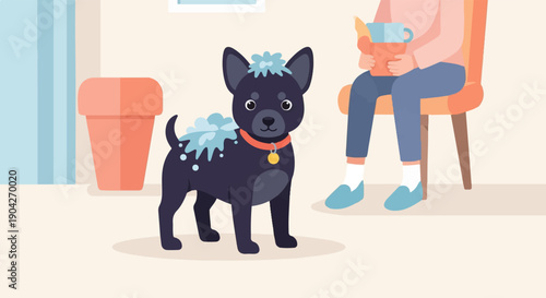 A dark-furred dog with suds on its back stands next to a potted plant