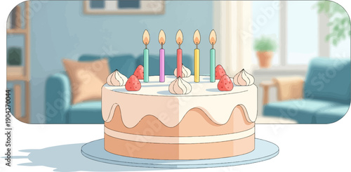 A decorated cake with lit candles, strawberries, and meringue sits in a cozy living room