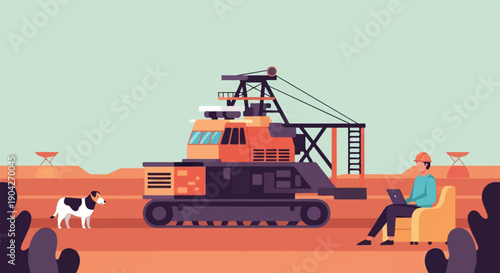 A dog stands by a mining machine, a person works on a laptop nearby