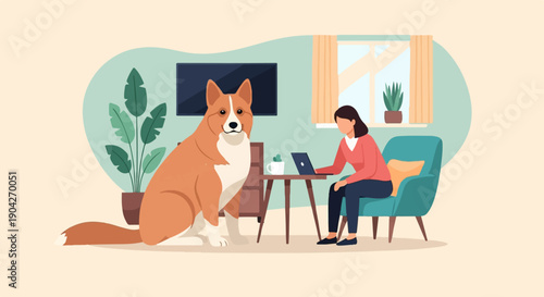 A dog sits with a woman working on a laptop in a cozy room