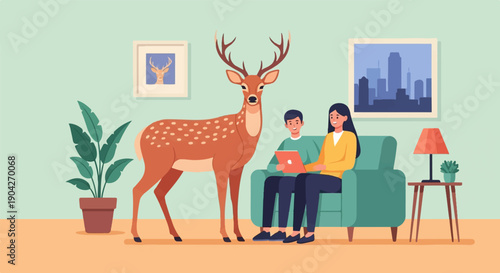 A deer stands in a living room with a couple on a couch