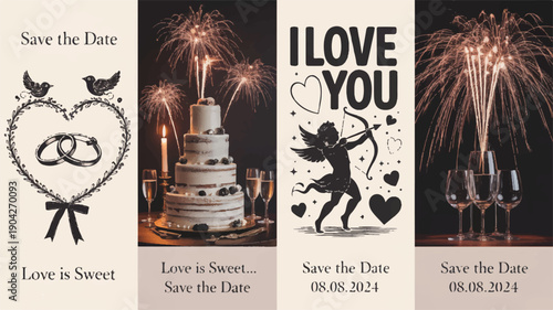 A set of four minimalist designs for Valentine's Day featuring hearts, cakes, and cupid, ideal for save the date announcements.